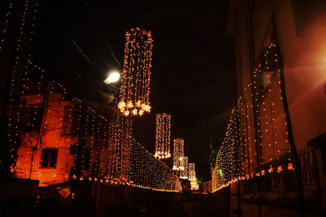 Light decoration on road during Durgapuja at behala player's corner: Saurav ganguly bari durgapuja