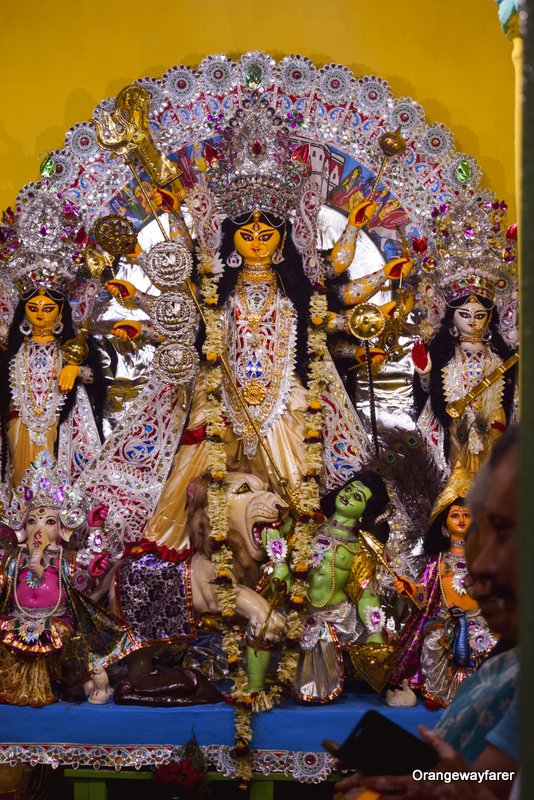 Traditional Gold ornaments for Durga idol at Senbari Bonedi durgapuja in North Kolkata