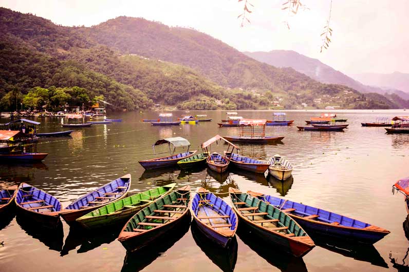 Colorful boats on Phewa lake Pokhara