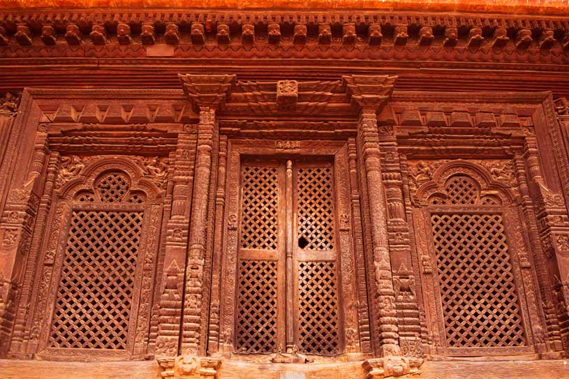 A traditional door at a Nepalese temple at Bhaktapur