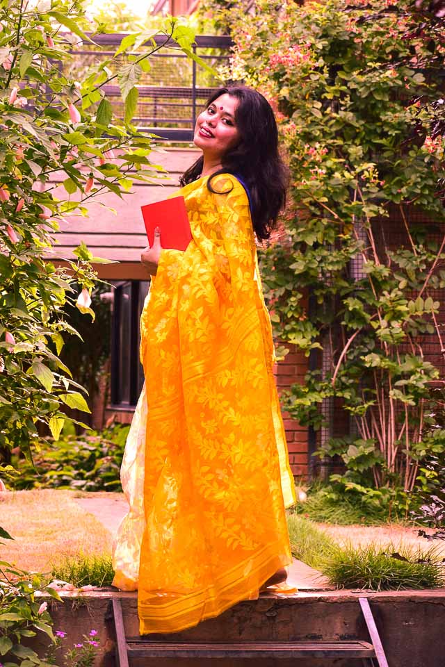 yellow dhakai saree and Photoshoot during golden hour