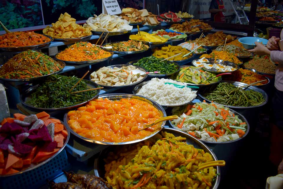 Night market at Luang Prabang and Local buffet of Laos traditional food