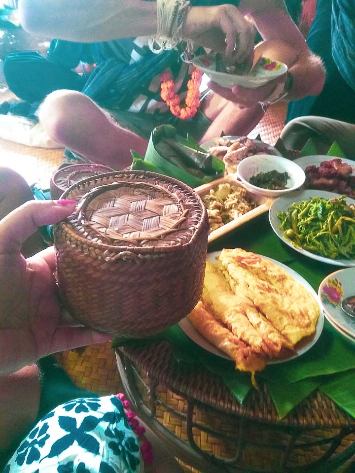 Food on offer during Baci ceremony: laos festival in Luang Prabang