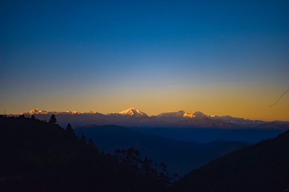 Sunset as seen from Bomdila: the Gorichen peak at a distance