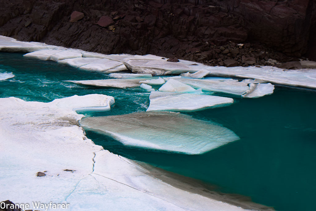 Frozen Chadar on Zanskar Breaks: ice sheet breaks on frozen river Zanskar