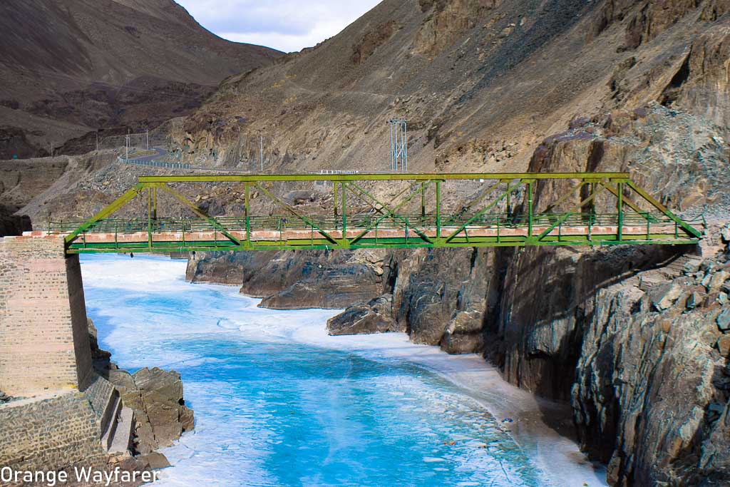 Chiling village and frozen chadar on Zanskar river