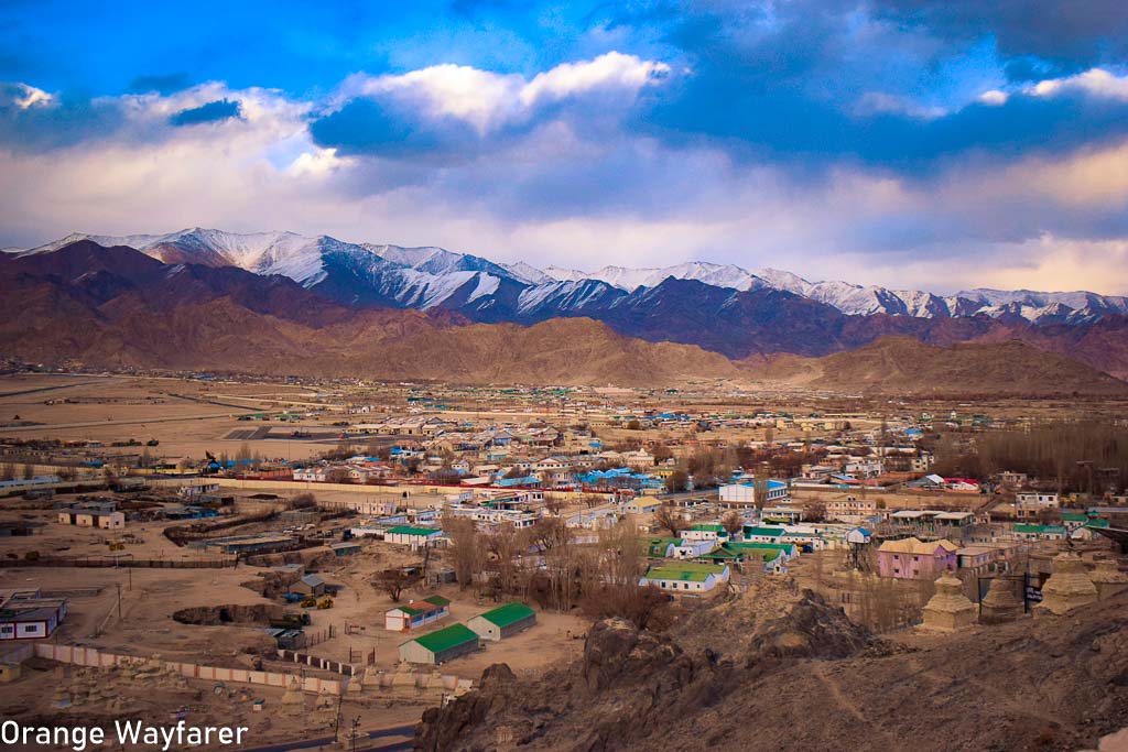 View of Leh city from Spituk Gompha. Khar Dungla Road at a distance. Winter Leh in February