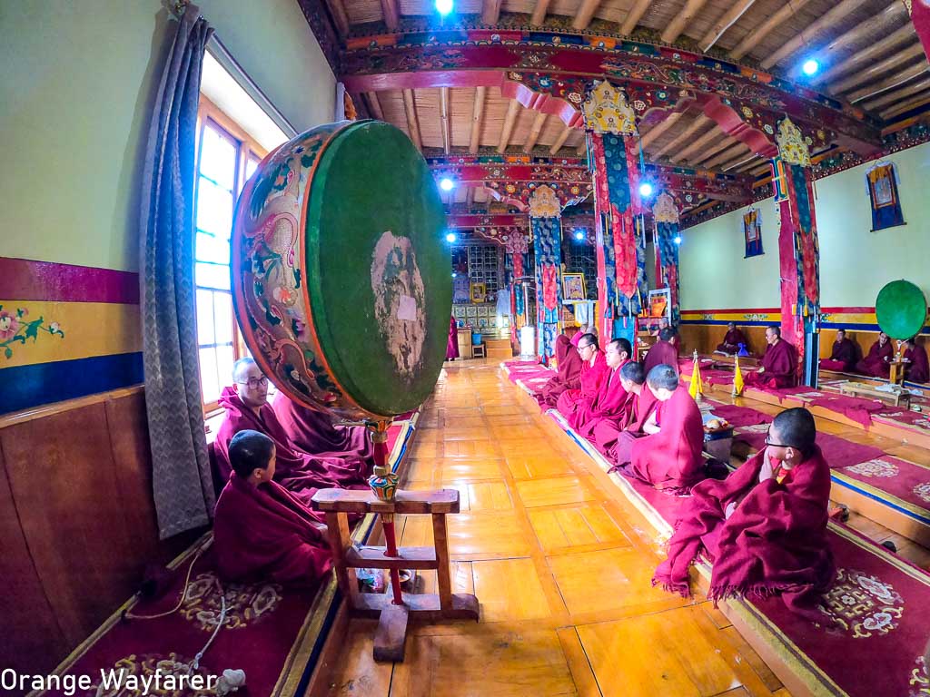 Morning prayer at Shey monastery and Buddhist monks as students